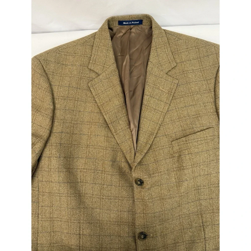 Alan Flusser Brown Windowpane Suit‎ Jacket Blazer Silk Wool Blend Mens 44L